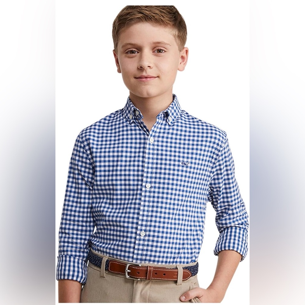 Vineyard Vines Boys Gingham Performance Whale Shirt